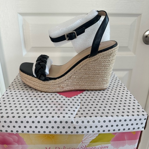 Delicious Shoes - Delicious Black PU Leather Wedge Sandal Women’s Size 8.5  8 1/2